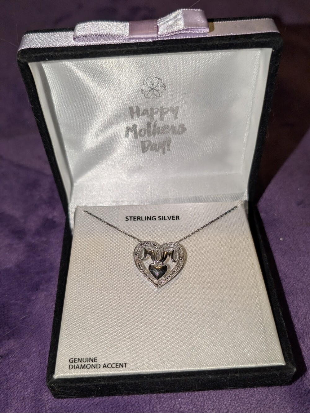 Mom Heart Necklace Genuine Diamond Accent 925 Sterling Silver Pendant Boxed Gift